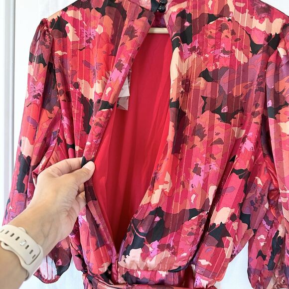 Lane Bryant Dress 18 Red Floral Balloon Sleeve 80s Midi High Low Party Wedding - Picture 10 of 16